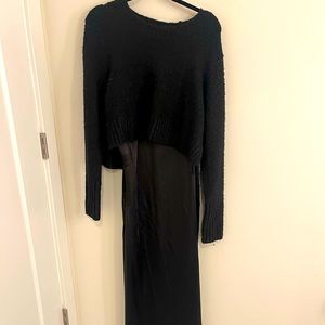 Black long silk dress with attached cropped black sweater. Never worn